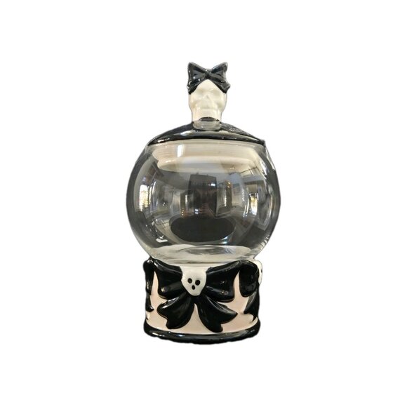 New Halloween Round Candy Jar Black White Glass Crystal Ball Skeleton Bow Gothic - Picture 2 of 2